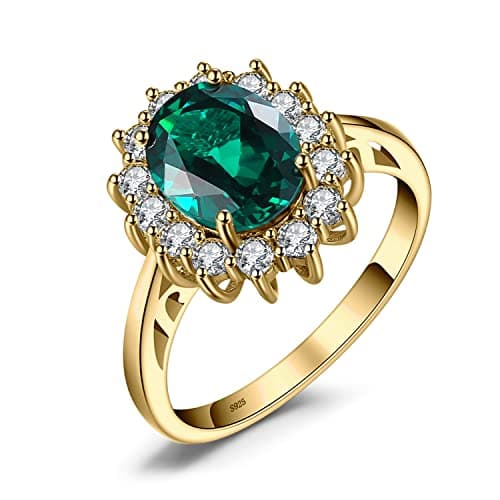 Image of JewelryPalace Princess Diana Kate Middleton Gemstone Birthstone Green Emerald Halo Statement Engagement Rings for Women, 14K Rose Gold Plated 925 Sterling Silver Promise Rings for Her Size 7