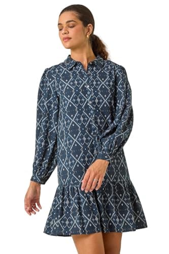 Image of Roman Originals Shirt Dress for Women UK- Ladies Long Sleeve Belted Collared Midi Maxi Winter Autumn Smart Casual Button Through Evening Office A Line Swing Skater - Teal Multi - Size 16