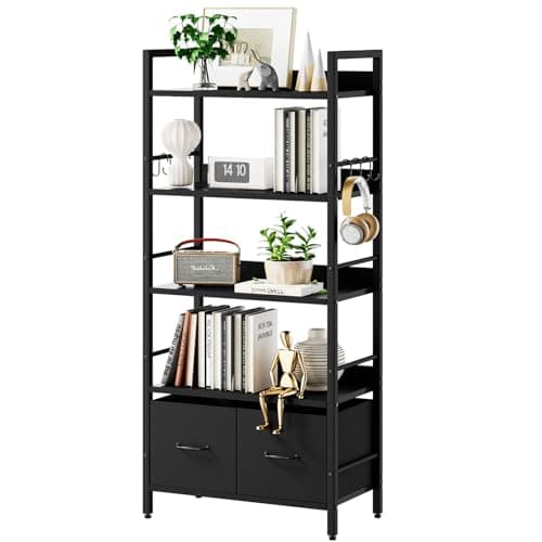 Image of Aibiju 5-Tier Bookshelf, Widening Bookcase With 2 Fabric Cloth Drawers, Bookcase Shelf Storage Organizer, for Office, Study, Living Room, Bedroom, Black YD-BC002B
