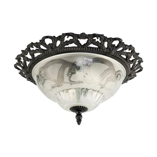 Image of Happy Homewares Traditional and Classic Matt Black and Frosted Floral Glass Flush Ceiling Light Fitting | 33cm x 11cm | 2 x E27 60w Maximum