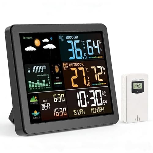 Image of Wireless Weather Station with Outdoor Indoor Sensor, Outdoor Indoor Thermometer Hygrometer, Temperature, Humidity, Barometric Pressure, Weather Forecast for Home, Garden, Office, Digital LCD Display