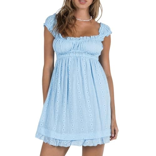 Image of Women Ruffle Mini Dress Lace Strap Square Neck Babydoll ShortDress Sleeveless Flowy Mini Dress Y2K Swing Sundress (Blue, M)