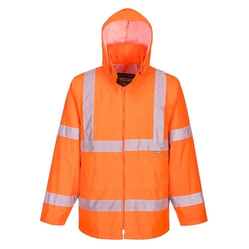 Image of Portwest UH440 Mens Hi Vis Rain Jacket Waterproof Lightweight Reflective Safety Workwear Packable Hooded Vented Back Construction Roadwork Highway Rail, Orange, M