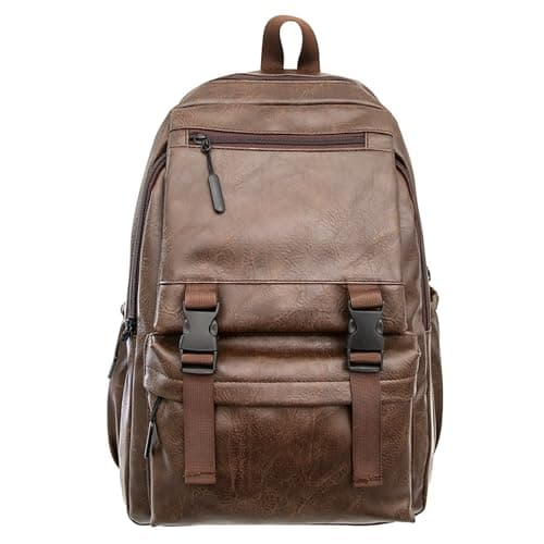 Image of Fuaihui Black Leather Rucksack Men, PU Leather Laptop Backpack for Men, Water-Resistant 15.6 Inch Large Capacity Gothic Business School Travel Rucksack (brown)