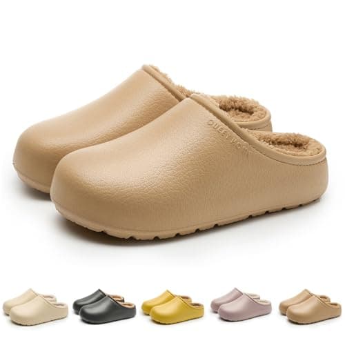Image of Size 5.5 Waterproof Slippers Mules Fur Lined Clogs Winter Fuzzy Slippers for Women Men Indoor and Outdoor Slip on Nurse Shoes Work Garden Slipper Camel Footwear Gifts