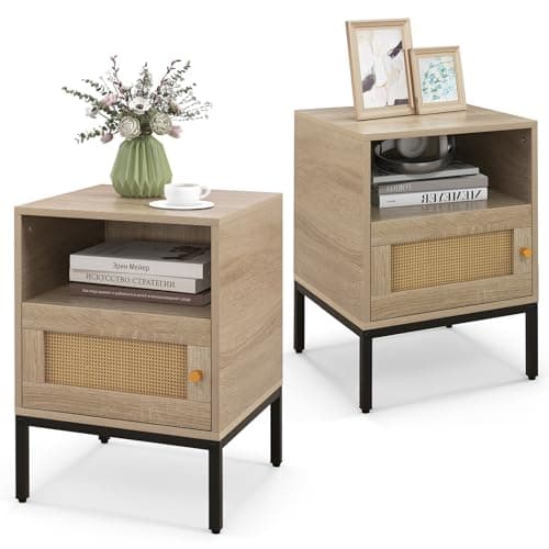 Image of COSTWAY Rattan Bedside Table, Wooden Nightstand Sofa Side Table with Open Storage Shelf, Rattan Door and Metal Legs, Boho Bedside Cabinet Accent End Table for Living Room Bedroom, 40x40x57cm (2)