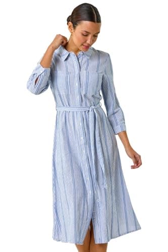 Image of Roman Originals Shirt Dress for Women UK- Ladies Long Sleeve Belted Collared Midi Maxi Winter Autumn Smart Casual Button Through Evening Office A Line Swing Skater - Stripe Light Blue - Size 20