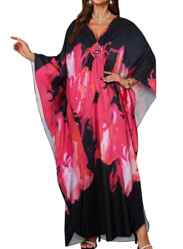 Image of florynova Kaftan Dresses for Women Ladies Swimwear V Neck Kaftans Summer Beach Cover Up Boho Maxi Dress(Black Pink Rose)