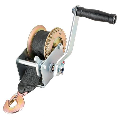 Image of DASBET Boat Trailer Winch Hand Winch Crank Cable with 16FT(5m) Black Webbing, Heavy Duty Strap Gear Hand Winch with Crank Handle Gear Winch Manual Winch for Trailer, Boat or ATV (800LBS)