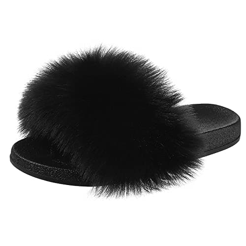 Image of Hitopteu Womens Sliders Fluffy Slippers Open Toe Slippers Indoor Outdoor Slides Sandals for Ladies Black Label Size 40-41 270 UK 6-7