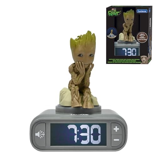 Image of LEXIBOOK, Marvel Guardians of the Galaxy, Groot Nightlight Alarm Clock, Sounds and Melodies, Backlit LCD Screen, Illuminated, Snooze, Grey/Brown, RL800GG
