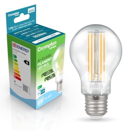 Image of Crompton Lamps LED Ultra-Efficient GLS 7.2W ES-E27 A-Class (100W Equivalent) 3000K Warm White Clear 1521lm ES Screw E27 Energy Efficient Filament A-Rated Light Bulb