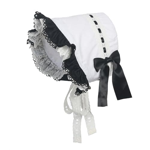 Image of BPURB Victorian White Lace Bonnet Hat for Women Ladies Handmaid Medieval Colonial Costume Accessory Cotton (White-Black)