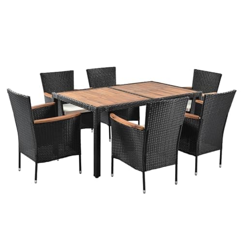 Image of Panana 6 Seater Rattan Dining Set, Garden Table & Stackable Chairs with Acacia Wood Table Top & Cushions, All-Weather Patio Furniture for Conservatory Outdoor