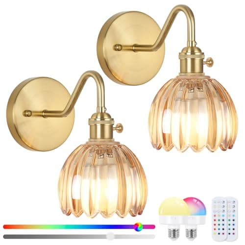 Image of EIDEARAY Battery Operated Wall Lights,Rechargeable Wall Lights with RGB Dimmable Remote Control,Rechargeable Gold Wall Light,Amber Tulip Glass Lampshade for Living Room Bedroom Hallway 2-Pack