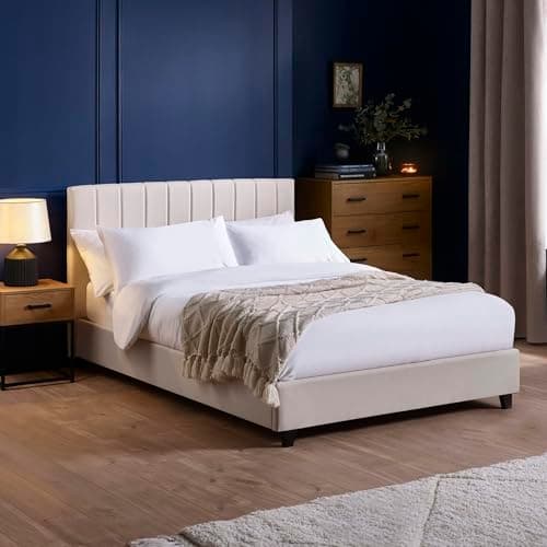 Image of Julian Bowen Aylen Double Bed - Cream Upholstered Double Bed Frame 4ft6/135cm with Headboard & Wooden Slats, Linen Oatmeal Fabric, No Box Spring Needed - 100 x 149.5 x 200cm