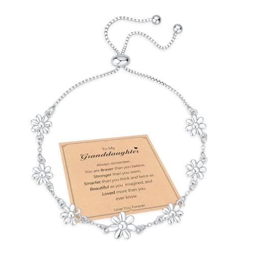 Image of FUNTE Granddaughter Gift,Daisy Bracelet For Girls, Sterling Silver Bracelets For Christmas Birthday Valentines Gifts