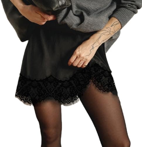 Image of Faymlc Women Satin Lace Mini Skirt High Waist Bodycon Short Silk Skirt Silky Underskirt Elegant Going Out Skirts (Side Split Black, L)