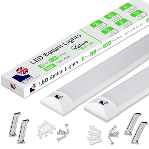 Image of Morris LED Batten Light 2ft - 20W 2400LM, IP20 Indoor Safe, 2-Pack 6500K Daylight, Durable Lighting for Hallways, Pantries, Indoor Workspaces - Value Range