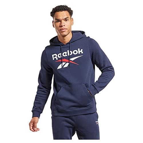 Image of Reebok Men's Identity Fleece Stacked Logo Pullover Long Sleeve Graphic Sweatshirt, Vector Navy, XS