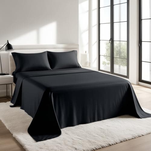 Image of Flat Sheet 100% Egyptian Cotton, 200 Thread Count, Premium Hotel Quality Ultra Soft Bedding | Luxury Non-Iron, Wrinkle, Stain & Fade Resistant Top Sheet (Black, King)