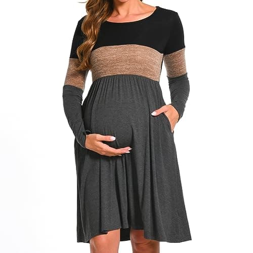 Image of Bearsland Women’s Long Sleeve Maternity Dresses Patchwork Pregnancy Dress with Pocket, Brown, XXL