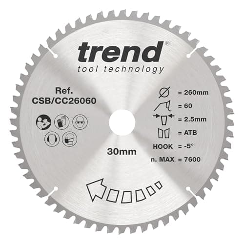 Image of Trend Wood Mitre Saw Blade, 260mm Diameter, 30mm Bore, 60 Teeth, 2.5mm Kerf, -5° Hook, TCT, Fine Finish, CSB/CC26060