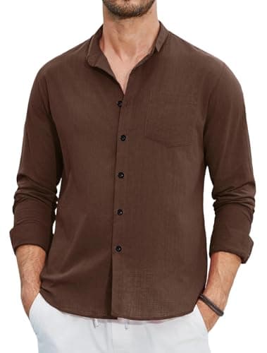 Image of Enlision Brown Linen Shirts Men Long Sleeve Shirt Casual Cotton Henley Shirts Button Down Summer Shirt Beach Holiday Wedding Party with Pocket M