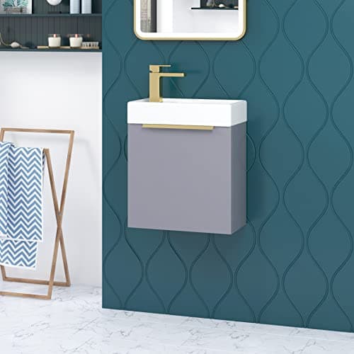 Image of Royal Bathrooms 400mm Cloakroom Wall Hung Vanity Unit Indigo Grey Gloss - Single Door Cabinet with Gold Handle