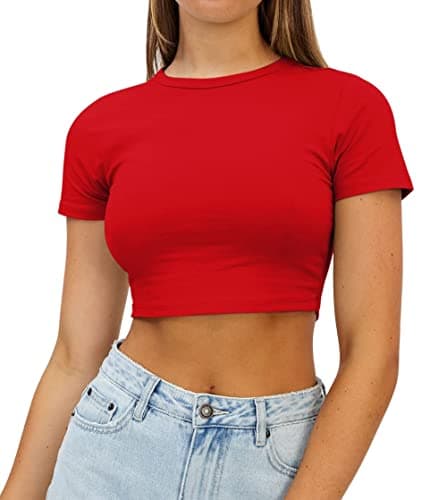 Image of AirMood Womens Crop Summer Tee Tops Short Sleeve Casual Cropped Tshirt (Red,M)