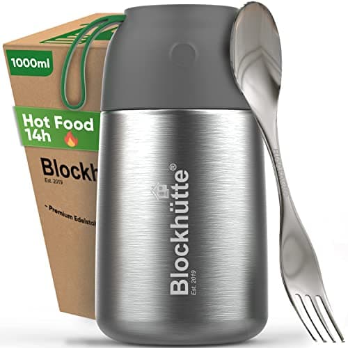 Image of Blockhütte Stainless Steel Thermal Lunch Box for Hot Food I 1l I Soup Flask with Spork I Vacuum Insulated Food Container for 14h Hot Meals I BPA Free Thermal Lunch Box for warm meals To Go