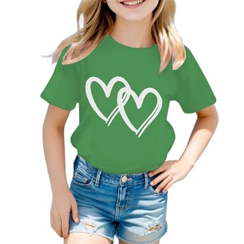 Image of Girls' Cute Graphic Print Cotton T-Shirt - Round Neck Short Sleeve Tee for Kids - Lightweight Soft Summer Casual School Shirt - Christmas Top Age 3-12 (05-Green, 11-12 Years)