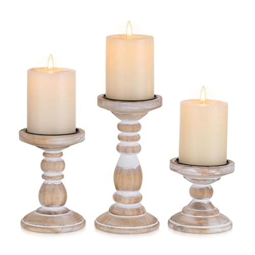 Image of Inweder Wood Candle Holders for Pillar Candles: 3 pcs White Rustic Candle Holders Distressed Wooden Farmhouse Candleholder for Home Decor Tall Pillar Candle Holder Stand for Fireplace Party Event