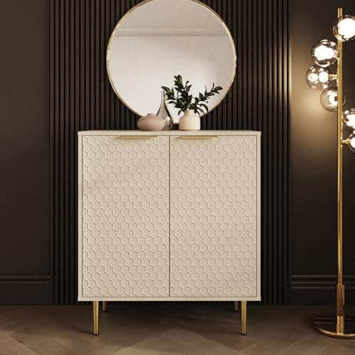 Image of Azariah Compact Geometric Sideboard – Honeycomb Textured Small Storage Cabinet with Gold Handles – Modern Living Room & Hallway Cupboard in Ivory