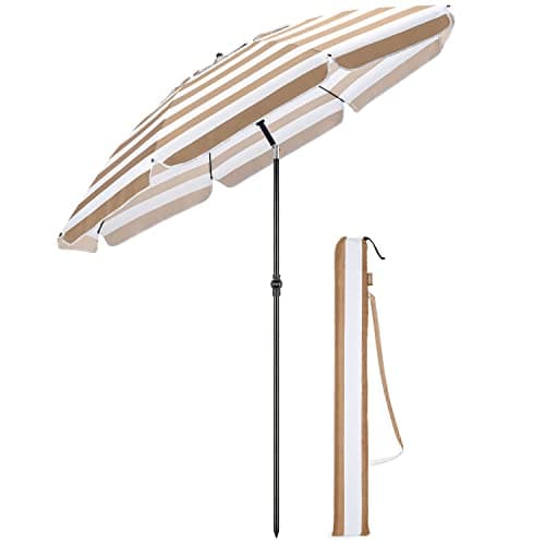 Image of CHRISTOW Beach Umbrella Portable Tilting Parasol Sun Shade with UV Protection and Bag 2m (Taupe and White Striped)