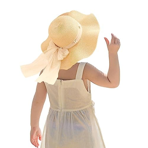 Image of Kunyeah Kids Girl Summer Straw Hat Foldable Wide Brim Cap Sun Visor Hats Sun Protection Beach Hats Bowknot Floppy Cap (Beige)