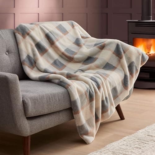 Image of Silentnight Snugsie Faux Fur Blanket - Snuggly Velvety Soft Feel Throw - Warmth Huggable Comfort - Cosy & Stylish Blanket for Whole Family Sofa Couch Bed - Machine Washable, 130x180cm, Natural Check
