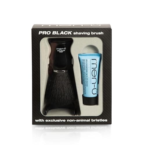 Image of men-u PRO BLACK SHAVING BRUSH set – mens shaving brush w/exclusive manufactured bristles. New Generation Modern Italian Shaving Brush, Vegan, No bristle loss & includes 15ml SHAVE CREAM buddy tube.