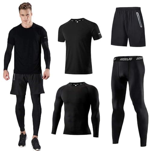 Image of Holure Men's (Pack of 4) Athletic Shirt Compression Pants Shorts Gym Suits Black-L