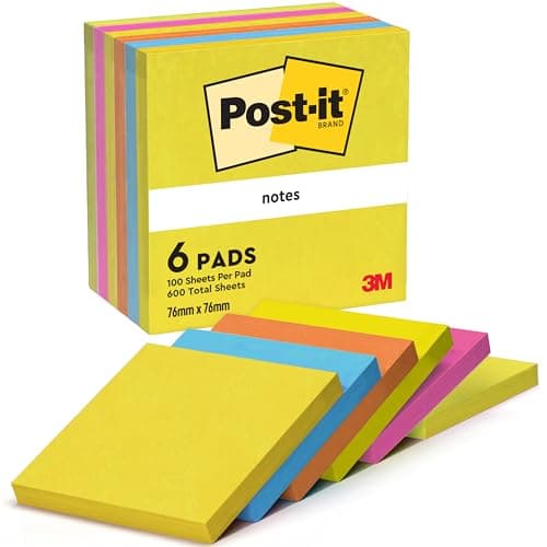 Image of Post-it Notes, 600 Sheets, 6 Pads, 76 mm x 76 mm, Yellow, Blue, Orange, Pink, Green - Sticky Notes for Walls, Monitors and Fridge
