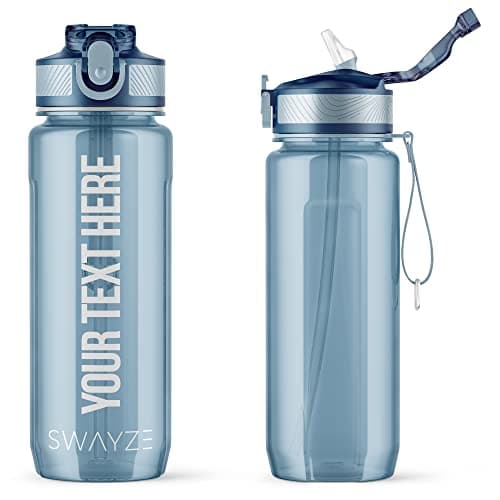 Image of Personalised Water Bottle with Straw 800ml Water Bottle, BPA Free Leakproof Lockable Flip Lid Drink Bottle Sports Gym Hiking School Camping Office Walking (Blue (Personalised))