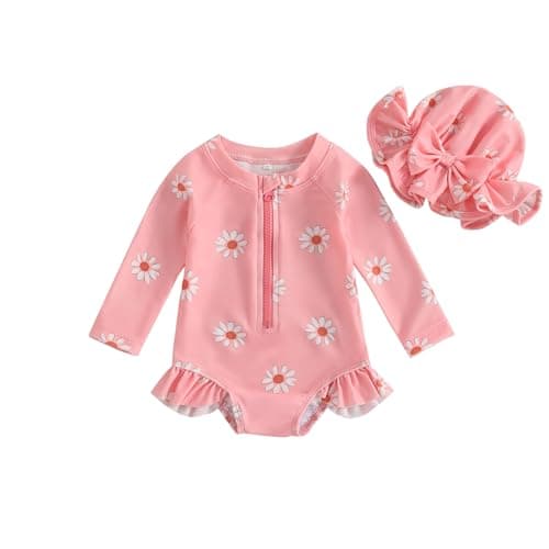 Image of YILEEGOO Toddler Baby Girl Swimming Costume with Hat Long Sleeve Zip Up Floral Ruffle Swimsuit Girls One Piece Swimwear Bathing Suits Summer Beachwear (Pink, 12-18 Months)