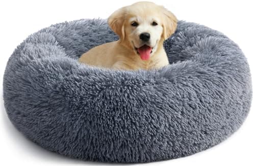 Image of YOJOGEE Calming Donut Dog Bed for Medium Small Dogs Cats, Fluffy Anti AnXiety Dog Beds Washable Puppy Bed Non-Slip Plush Cuddler Warming Round FauX Fur Pet Bed,Dark Grey,60*60cm
