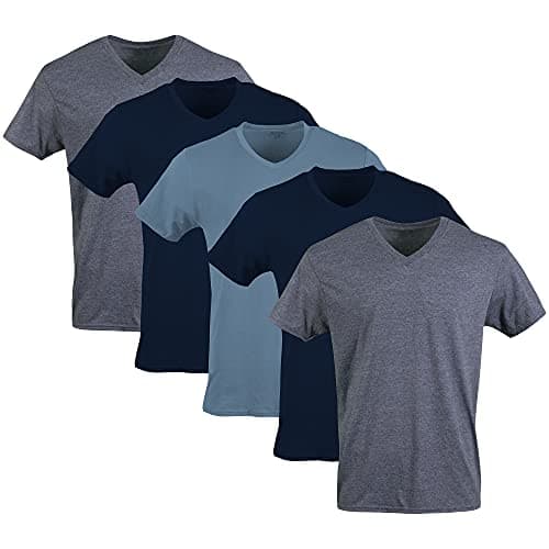 Image of Gildan Men's V-Neck T-Shirts, Multipack, Style G1103 Undershirt, Navy/Heather Navy/Indigo Blue (5-Pack), XXL