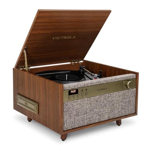 Image of Victrola Century 6-in-1 Vinyl Record Player & Music Center – 3-Speed Turntable, CD & Cassette Player, VINYLSTREAM, Bluetooth & 3.5mm Aux, Record Player with Speakers, Mid Century Design (Walnut)