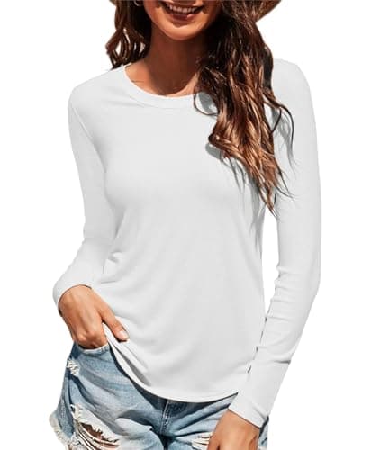 Image of Wayleb Long Sleeve Tops for Women UK Breathable Cotton Round Neck Slim Fit Gym Tees for Running Workout Activewear Shirts White S-XXL
