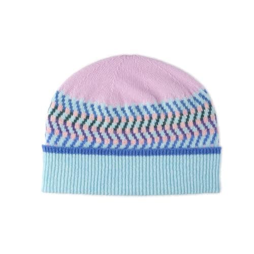 Image of The Cashmere Choice Patterned Beanie for Women Fashion Hat Lilac Blue Ribbed Thermal Warm for Winter Pure Lambswool | Corra Blue