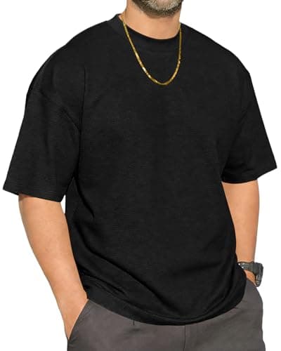 Image of Mens Round Neck T-Shirt Base Tee Waffle Tops Hip Rock Shirt Summer Golf Vertical Stripe Elastic Cuffs Splicing Black L