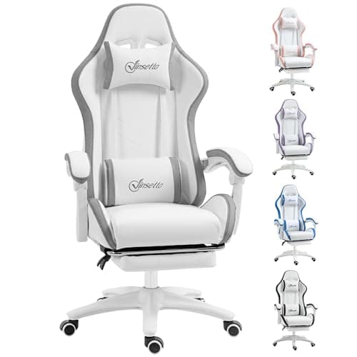 Image of Vinsetto Computer Gaming Chair, PU Leather Office Desk Chair with Footrest, Swivel Wheels, 135° Reclining Back, Lumbar Support, Headrest for Home, White and Grey