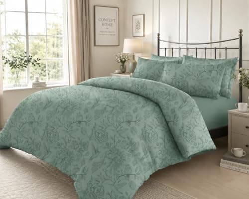 Image of CONCEPT HOME Birdie 100% Cotton Sateen Duvet Cover Set with Pillowcases, Luxury Soft Floral Bedding Set, King Size, Sage Green, Reusable Fabric Bag Packaging